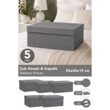Meleni Home 5'li Organizer Baza Hurç Seti - Çok Amaçlı Kapaklı Saklama Kutusu 50x40x19cm Antrasit