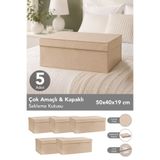 Meleni Home 5'li Organizer Baza Hurç Seti - Çok Amaçlı Kapaklı Saklama Kutusu 50x40x19cm Bej