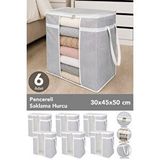 Meleni Home 6 Adet Pencereli Saklama Hurcu - Çizgili Kıyafet Düzenleme Yastık Saklama Organizer 30x45x50 Gri