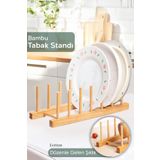 Meleni Home 6 Bölmeli Bambu Tabak Standı - Bambu Tabaklık Bulaşıklık Mutfak Organizer Dekoratif Düzenleyici