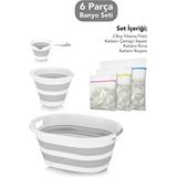 Meleni Home 6'lı Banyo Seti - Katlanabilir Çamaşır Sepeti Katlanır Su Kovası Maşrapa Fermuarlı Yıkama Filesi - 55 x 35 - Gri