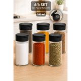 Meleni Home 6'lı Büyük Cam Baharatlık Set - Mutfak Düzenleyici Siyah Kendinden Kapaklı Baharatlık Kavanoz 240ml