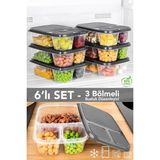 Meleni Home 6'lı Dikdörtgen 3 Bölmeli Saklama Kabı - Mikrodalga ve Difrize Uygun Buzdolabı Organizer Difriz Kabı - 800 ml - Şeffaf
