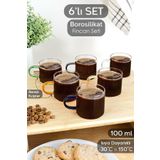Meleni Home 6'lı Renkli Kulplu Kahve Fincan Takımı - Borosilikat Cam Espresso Kahve Bardağı 100 ml