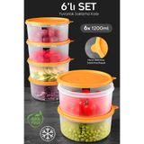 Meleni Home 6'lı Yuvarlak Gıda Saklama Kabı Seti - Organizer Düzenleyici Erzak Kabı 6X1200ML Turuncu