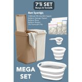 Meleni Home 7'li Banyo Seti - 90 Lt Kirli Sepeti Latte Katlanabilir Çamaşır Sepeti Su Kovası Maşrapa File