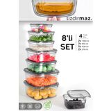 Meleni Home 8'li Kare Sızdırmaz Saklama Kabı Seti - Düzenleyici Erzak Kabı 2x(275-500-850-1350)ml Antrasit
