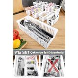 Meleni Home 9 Parça Modüler Çekmece İçi Organizer Set - Banyo Mutfak Makyaj Aksesuar Ofis Düzenleyici Beyaz