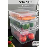 Meleni Home 9'lu Kapaklı Buzdolabı Düzenleyici Set - Meyve Sebze Saklama Kabı Dolap İçi Organizer 3x(4-6-8) Lt