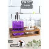 Meleni Home Ahşap Standlı Cam Sıvı Sabunluk Seti - Sıvı Sabun Şişesi Diş Fırçalığı Banyo Seti Şeffaf 550 ml