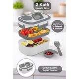 Meleni Home Bondie Kilitli Kapak Yemek Kabı - 2 Katlı Bölmeli Kaşık ve Sosluklu Lunch Box Beslenme Kutusu Gri