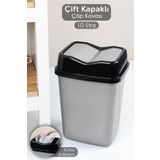 Meleni Home Çift Kapaklı Plastik Çöp Kovası - Ev Ofis Banyo Mutfak Çöp Kovası Gri 10 Litre