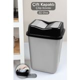 Meleni Home Çift Kapaklı Plastik Çöp Kovası - Ev Ofis Banyo Mutfak Çöp Kovası Gri 30 Litre