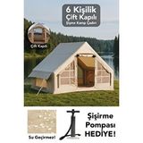 Meleni Home Çift Kapılı 6 Kişilik Kamp Çadırı - 4 Mevsim Su Geçirmez Şişme Kamp Çadırı 300x210 Cm Bej