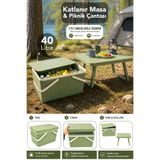 Meleni Home Dekoratif Piknik Seti - 40Lt Kamp Piknik Yemek Taşıma Sepeti ve Katlanabilir Piknik Masası Yeşil