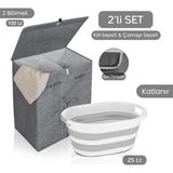 Meleni Home Gri 2 Bölmeli Çamaşır Sepeti 53X33X60 CM 25 Lt Katlanır Polietilen Keçe Kumaş