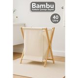 Meleni Home Katlanır Bambu Çamaşır Sepeti - Yıkanabilir Iç Hazneli Natural Kirli Çamaşır Sepeti 40 Lt Bej - 40 x 55