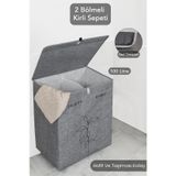 Meleni Home Keçe Deri 2 Bölmeli Çamaşır Kirli Sepeti Çok Amaçlı Katlanır Oyuncak Saklama Hurcu Gri 53X33X60 cm