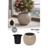 Meleni Home Küre Model Saksı - İç Hazneli Modern Bitki Salon Balkon Çiçek Saksısı 9Lt Bej