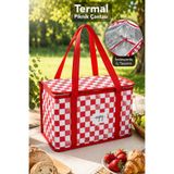Meleni Home Lüks Termal Piknik Çantası - Kamp Yemek Taşıma Çantası Ekose Desen 35x20x20 cm