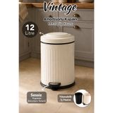 Meleni Home Metal Vintage Çöp Kovası - Banyo Mutfak Pedallı Amortisör Kapak İç Hazneli Çöp Kovası 12Lt Krem