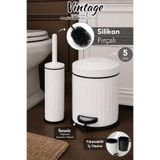 Meleni Home Vintage Banyo Seti - Yıkanabilir İç Hazneli Metal Çöp Kovası ve Silikon Uçlu Banyo Fırçası 5Lt Beyaz