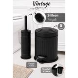 Meleni Home Vintage Banyo Seti - Yıkanabilir İç Hazneli Metal Çöp Kovası ve Silikon Uçlu Banyo Fırçası 5Lt Siyah