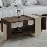 Meleni Orta Sehpa – 90 cm Modern Tasarım – Raflı, Traverten/Ceviz