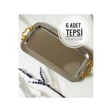 Melinda 6 Adet Gümüş Dikdörtgen Çık GOLD Kulp Detaylı Çay,kahve,ikram Servis Sunum Tepsisi (33x17CM)