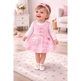 Melisa Ticaret Bebek Takımı Pembe Elbise Nakışlı Fiyonk Detaylı Beyaz Uzun Kollu Tshirt 1 2 3yaş - 1 Yaş - 00406 Pembe