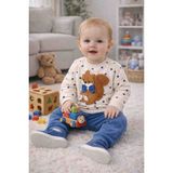 Melisa Ticaret Sevimli Sincap 🐿️ Kabartmalı Puantiyeli Sweatshirtlü 2li Erkek Bebek Eşofman Takımı - Krem - Lacivert - 9 Ay
