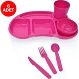 Melkan Home 6'lı Çocuk Tabldot Set 5 Bölmeli Kahvaltılık Tabildot Seti Kase Bardak Çatal Bıçak Kaşık Set Pembe