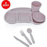 Melkan Home 6'lı Çocuk Tabldot Set 5 Bölmeli Kahvaltılık Tabildot Seti Kase Bardak Çatal Bıçak Kaşık Set Pudra