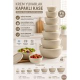 Melkan Home 7'li Yuvarlak Kapaklı Kase Seti – İç İçe Geçen Kaplar, Matruşka Saklama Kapları Krem