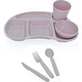 Melkan Home Çocuk Tabldot Kahvaltılık 5 Bölmeli Tabldot Set Kase Bardak Çatal Bıçak Kaşık Set - Pudra