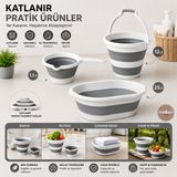 Melkan Home Katlanabilir Ev Düzenleme Seti 3'lü – Katlanır Çamaşır Selesi 25 L, Katlanabilir Su Kovası 12 L ve Katlanır Maşrapa 1,1 L - Gri