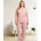 Melodi Kadın Büyük Beden %100 Pamuk Düğmeli Yaka Uzun Kollu Baharlık Pijama Takımı 17150 - 1 Adet Pudra 5Xl