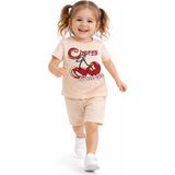 Melodi Kids Kız Çocuk Kiraz Model Şortlu Yazlık Alt Üst Pamuklu Takım - 2-3 Y - Pudra