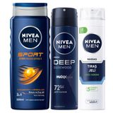 MEN Erkek Duş Jeli Sport 500ml, Hassas Tıraş Jeli 200ml ve Deep Dimension Sprey Deodorant 150ml