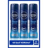 MEN Erkek Sprey Deodorant Fresh Active 150ml, Ter Kokusuna Karşı 48 Saat Koruma, Pudrasız, X3 Adet
