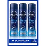 Men Erkek Sprey Deodorant Fresh Active 150Ml, Ter Kokusuna Karşı 48 Saat Koruma,Alüminyumsuz,X3 Adet