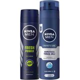 Men Erkek Sprey Deodorant Fresh Power 150Ml Ve Nıvea Men Protect&Care Tıraş Jeli 200Ml, Kuru Ciltler İçin, Pürüzsüz Tıraş
