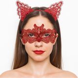 Mena Rise Ateş Kırmızısı Dantel Taç ve Maske Seti 10 No - Maskeli Balo Özel Gün Seti - Lisinya