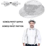 Mena Rise Gümüş Payetli Şapka ve Papyon Seti – Parıltılı Yetişkin Kostüm Seti - Lisinya
