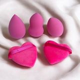 Mena Rise Pembe 5 Adet Güzellik Makyaj Süngeri Seti 3 Adet Sünger + 2 Adet Kalpli Pudra Fondöten Bb Krem Uygulama Aparatı Yıkanabilir Sünger -Puff - --