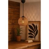 menalART Ağaç Tasarım Avize Hasır Ipli Top Sarkıt Natural Lighting Siyah Kablo Jüt Top