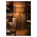 menalART Ağaç Tasarım Tripod Ahşap 3 Ayaklı Lambader Retro Hasır Abajur Kumaş Başlık Köşe Aydınlatma Krem Bej