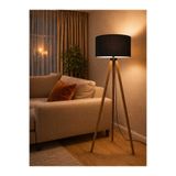 menalART Ağaç Tasarım Tripod Ahşap 3 Ayaklı Lambader Siyah Abajur Kumaş Başlık Köşe Aydınlatma
