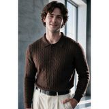 Menofours Wear Verona Erkek Old Money Premium Saç Örgü Desenli Düğmeli Polo Yaka Triko Kazak Acı Kahverengi