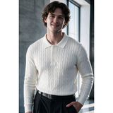 Menofours Wear Verona Erkek Old Money Premium Saç Örgü Desenli Düğmeli Polo Yaka Triko Kazak Beyaz - XL